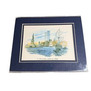 Vtg Mostoff Watercolor Print New York City Skyline Twin Towers Statue of Liberty